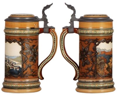 Two Mettlach steins, .5L, 2808, etched, inlaid lid, mint; with, .5L, 1675, etched, Heidelberg, inlaid lid, mint. - 5