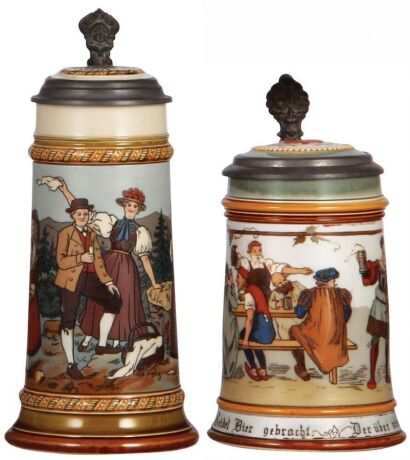 Two Mettlach steins, .5L, 2768, etched, inlaid lid, mint; with, .5L, 2028, etched, by E.W., inlaid lid, mint. 