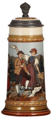 Two Mettlach steins, .5L, 2768, etched, inlaid lid, mint; with, .5L, 2028, etched, by E.W., inlaid lid, mint.  - 2