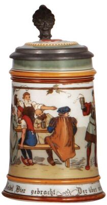 Two Mettlach steins, .5L, 2768, etched, inlaid lid, mint; with, .5L, 2028, etched, by E.W., inlaid lid, mint.  - 3