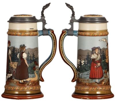 Two Mettlach steins, .5L, 2768, etched, inlaid lid, mint; with, .5L, 2028, etched, by E.W., inlaid lid, mint.  - 4