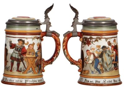 Two Mettlach steins, .5L, 2768, etched, inlaid lid, mint; with, .5L, 2028, etched, by E.W., inlaid lid, mint.  - 5