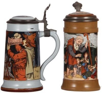 Two Mettlach steins, .5L, 2922, etched, inlaid lid, mint; with, .5L, 2809, etched, by F. Quidenus, inlaid lid, mint.