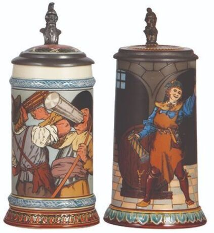 Two Mettlach steins, .5L, 2639, etched, inlaid lid, mint; with, .5L, 2776, etched, inlaid lid, mint.