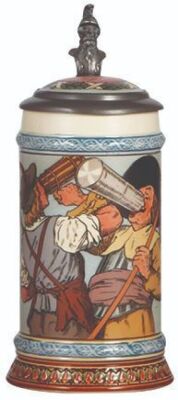 Two Mettlach steins, .5L, 2639, etched, inlaid lid, mint; with, .5L, 2776, etched, inlaid lid, mint. - 2