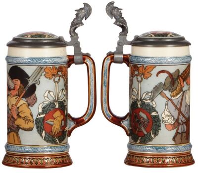 Two Mettlach steins, .5L, 2639, etched, inlaid lid, mint; with, .5L, 2776, etched, inlaid lid, mint. - 4