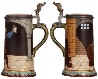 Two Mettlach steins, .5L, 2639, etched, inlaid lid, mint; with, .5L, 2776, etched, inlaid lid, mint. - 5