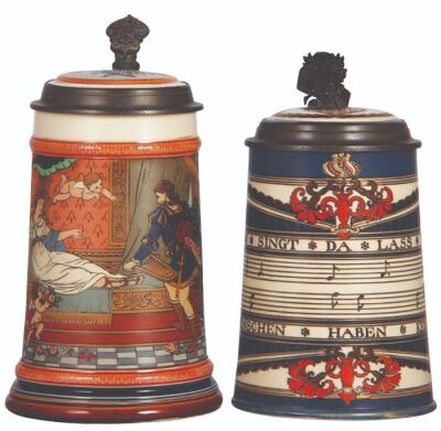 Two Mettlach steins, .5L, 2401, etched, inlaid lid, mint; with, .5L, 2097, etched, inlaid lid, mint.