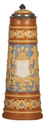 Mettlach stein, 3.3L, 17.5" ht., 1739, relief, by M. Hein, inlaid lid, mint.