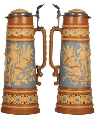 Mettlach stein, 3.3L, 17.5" ht., 1739, relief, by M. Hein, inlaid lid, mint. - 2