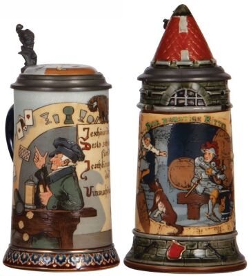 Two Mettlach steins, .5L, 2090, etched, inlaid lid, by H. Schlitt, mint; with, Mettlach stein, .5L, 2382, etched, inlaid lid, by H. Schlitt, mint.