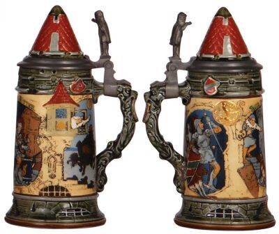 Two Mettlach steins, .5L, 2090, etched, inlaid lid, by H. Schlitt, mint; with, Mettlach stein, .5L, 2382, etched, inlaid lid, by H. Schlitt, mint. - 3