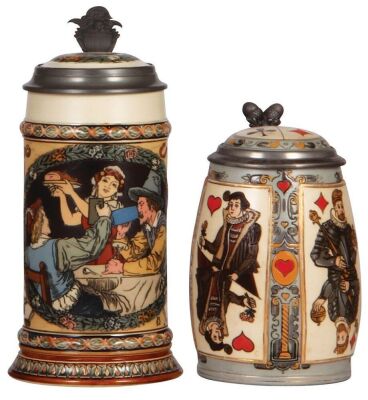 Two Mettlach steins, .5L, 2716, etched, by F. Quidenus, inlaid lid, mint; with, 5L, 2093, etched, The Card Stein, inlaid lid, mint. 