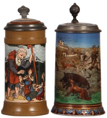 Two Mettlach steins, .5L, 2809, etched, by F. Quidenus, inlaid lid, mint; with, .5L, 2083, etched, inlaid lid, mint. 