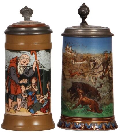 Two Mettlach steins, .5L, 2809, etched, by F. Quidenus, inlaid lid, mint; with, .5L, 2083, etched, inlaid lid, mint.