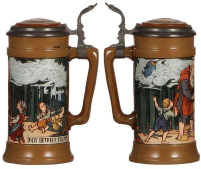 Two Mettlach steins, .5L, 2809, etched, by F. Quidenus, inlaid lid, mint; with, .5L, 2083, etched, inlaid lid, mint. - 2