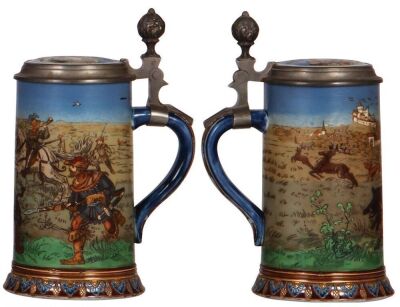 Two Mettlach steins, .5L, 2809, etched, by F. Quidenus, inlaid lid, mint; with, .5L, 2083, etched, inlaid lid, mint. - 3