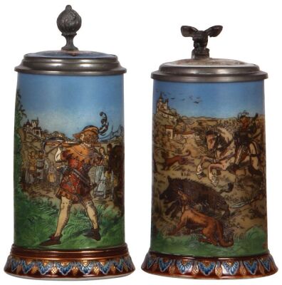 Two Mettlach steins, .5L, 2082, etched, inlaid lid, William Tell, mint; with, .5L, 2083, etched, inlaid lid, Boar Hunt, owner's I.D. on pewter inside lid, mint.