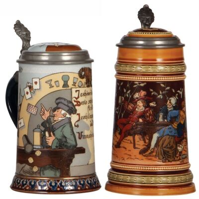 Two Mettlach steins, 1.0L, 2090, etched, by H. Schlitt, inlaid lid, factory firing line inside bottom, mint; with, 1.0L, 1527, etched, by C. Warth, inlaid lid, mint.