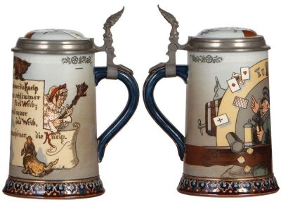 Two Mettlach steins, 1.0L, 2090, etched, by H. Schlitt, inlaid lid, factory firing line inside bottom, mint; with, 1.0L, 1527, etched, by C. Warth, inlaid lid, mint. - 2