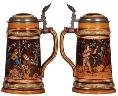 Two Mettlach steins, 1.0L, 2090, etched, by H. Schlitt, inlaid lid, factory firing line inside bottom, mint; with, 1.0L, 1527, etched, by C. Warth, inlaid lid, mint. - 3