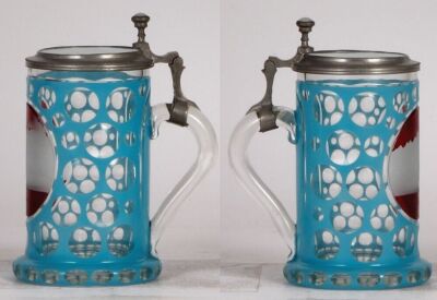 Two glass steins, .5L, blown, blue & ruby flashed, wheel-engraved: Salzburg, clear glass inlaid lid, mint; with, 3.9" ht., blown, faceted, ruby flashed, wheel-engraved: Kreuzbrun, clear glass inlaid lid, mint.  - 2