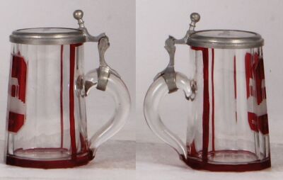 Two glass steins, .5L, blown, blue & ruby flashed, wheel-engraved: Salzburg, clear glass inlaid lid, mint; with, 3.9" ht., blown, faceted, ruby flashed, wheel-engraved: Kreuzbrun, clear glass inlaid lid, mint.  - 3