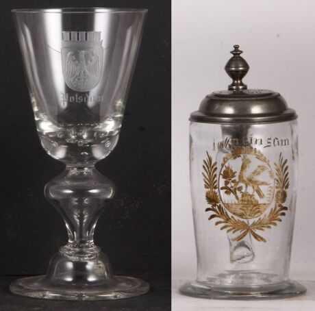 Two glass items, beaker, 9.8'' ht., blown, wheel-engraved, Potsdam coat-of-arms, mint; with, stein, 1.0L, 8.9'' ht., early 1800s, wheel-engraved, gilded, pewter lid, dated 1820, mint.