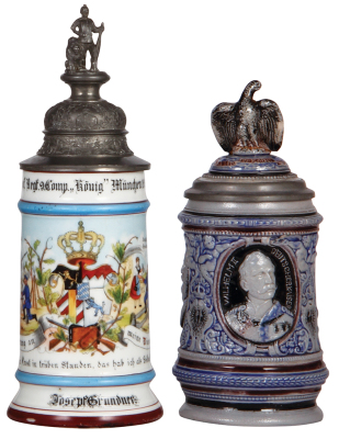 Two steins, Regimental, .5L, 10.7" ht., porcelain, 9. Comp., Inft. Regt. Nr. 1, München, 1898 - 1900, two side scenes, lion thumblift, named to: Josepf Grundner, long hairline in rear & base; with, .5L, stoneware, relief, German Emperors, blue & purple sa