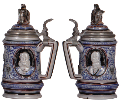 Two steins, Regimental, .5L, 10.7" ht., porcelain, 9. Comp., Inft. Regt. Nr. 1, München, 1898 - 1900, two side scenes, lion thumblift, named to: Josepf Grundner, long hairline in rear & base; with, .5L, stoneware, relief, German Emperors, blue & purple sa - 3