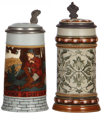 Two Mettlach steins, .5L, 2833B, etched, inlaid lid, mint; with, .5L, 1654, mosaic, minor pewter tear, otherwise mint.