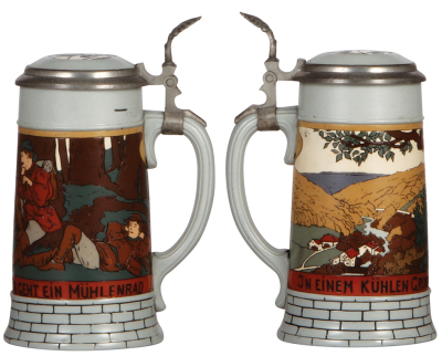 Two Mettlach steins, .5L, 2833B, etched, inlaid lid, mint; with, .5L, 1654, mosaic, minor pewter tear, otherwise mint. - 2