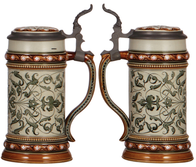 Two Mettlach steins, .5L, 2833B, etched, inlaid lid, mint; with, .5L, 1654, mosaic, minor pewter tear, otherwise mint. - 3