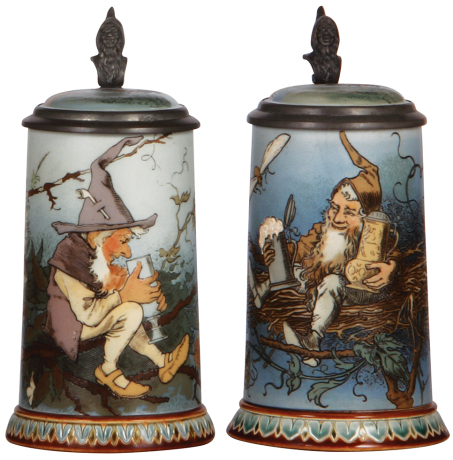 Two Mettlach steins, .5L, 2133, etched, by H. Schlitt, inlaid lid, mint; with, .5L, 2134, etched, by H. Schlitt, inlaid lid, mint.    