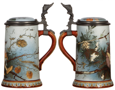 Two Mettlach steins, .5L, 2133, etched, by H. Schlitt, inlaid lid, mint; with, .5L, 2134, etched, by H. Schlitt, inlaid lid, mint.     - 2