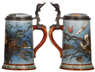 Two Mettlach steins, .5L, 2133, etched, by H. Schlitt, inlaid lid, mint; with, .5L, 2134, etched, by H. Schlitt, inlaid lid, mint.     - 3