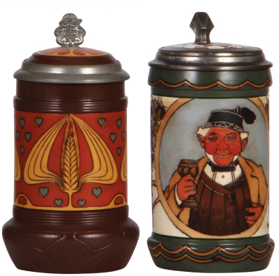 Two Mettlach steins, .5L, 2811, etched, Art Nouveau, inlaid lid, mint; with, .5L, 3092, etched, by H. Schlitt, inlaid lid, mint.