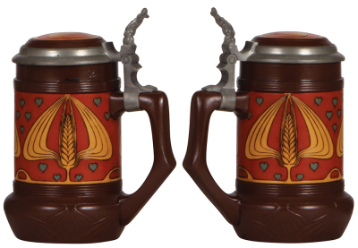 Two Mettlach steins, .5L, 2811, etched, Art Nouveau, inlaid lid, mint; with, .5L, 3092, etched, by H. Schlitt, inlaid lid, mint. - 2