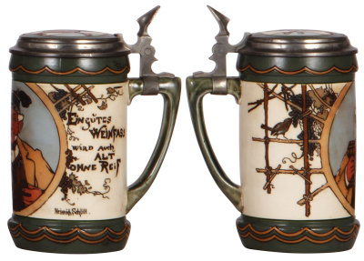 Two Mettlach steins, .5L, 2811, etched, Art Nouveau, inlaid lid, mint; with, .5L, 3092, etched, by H. Schlitt, inlaid lid, mint. - 3