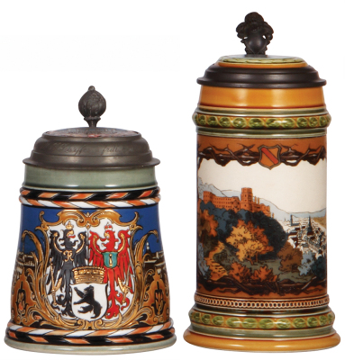 Two Mettlach steins, .5L, 2024, etched, The Berlin Stein, inlaid lid, mint; with, .5L, 1675, etched, The Heidelberg Stein, inlaid lid, mint.