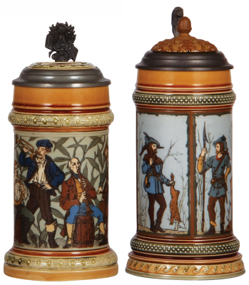 Two Mettlach steins, .5L, 1163, etched, inlaid lid, mint; with, .5L, 1695, etched, inlaid lid, .5" factory firing line on inlay, otherwise mint.  