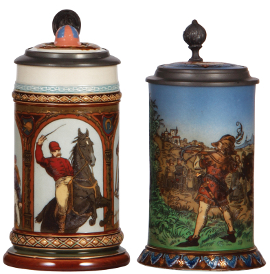 Two Mettlach steins, .5L, 1733, etched, The Jockey stein, inlaid lid, mint; with, .3L, 2082, etched, The William Tell stein, large false bottom, same height as the .5L, inlaid lid, mint.