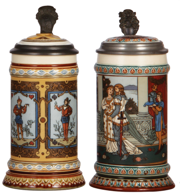 Two Mettlach steins, .5L, 1797, etched, inlaid lid, mint; with, .5L, 2391, etched, inlaid lid, mint.