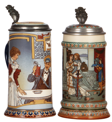 Two Mettlach steins, .5L, 2520, etched, by H. Schlitt, inlaid lid, mint; with, .5L, 2391, etched, inlaid lid, mint.