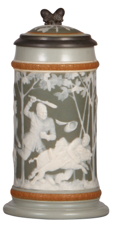 Mettlach stein, .5L, 2530, cameo, by Stahl, inlaid lid, interior browning, otherwise mint.