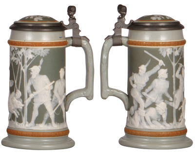 Mettlach stein, .5L, 2530, cameo, by Stahl, inlaid lid, interior browning, otherwise mint. - 2