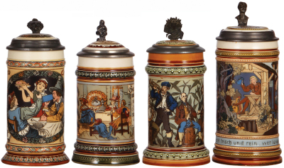 Four Mettlach steins, .5L, etched, inlaid lids, 2716, 1" hairline in rear; 2005 1" hairline in rear; 1163, inlay cracked; 2631, inlay cracked.