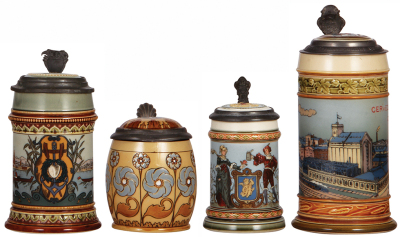 Four Mettlach steins, .5L, 1519, etched, inlaid lid, 3" tight crack in front, 1" base chip, bent pewter rim; with, .3L, 2099, mosaic, inlaid lid, interior glaze pitting; with, .25L, 1725, etched, inlaid lid, interior glaze browning; with, .5L, 2900, etche