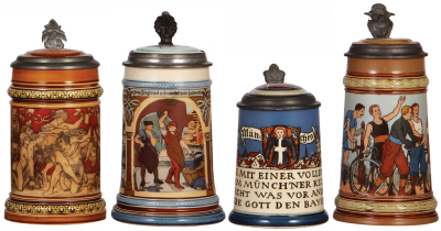 Four Mettlach steins, .5L, etched, inlaid lids, 2035, good repair of inlay crack; 2394, good repair of handle cracks; 2002, fair repair of lines in body; 2528, fair repair of handle and inlay with interior color change of the inlay.            