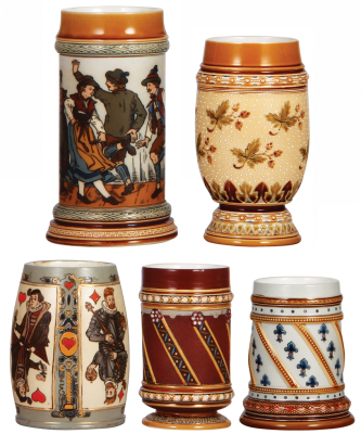 Five Mettlach steins, .5L, 1655, etched, no lid; with, .5L, 2093, etched, no lid, small chip on edge of one card; with, .25L, 1938, mosaic, no lid, body mint; with, .25L, 1803, mosaic, no lid, body mint; with, .5L, 1288, mosaic, no lid, two 1" hairlines.